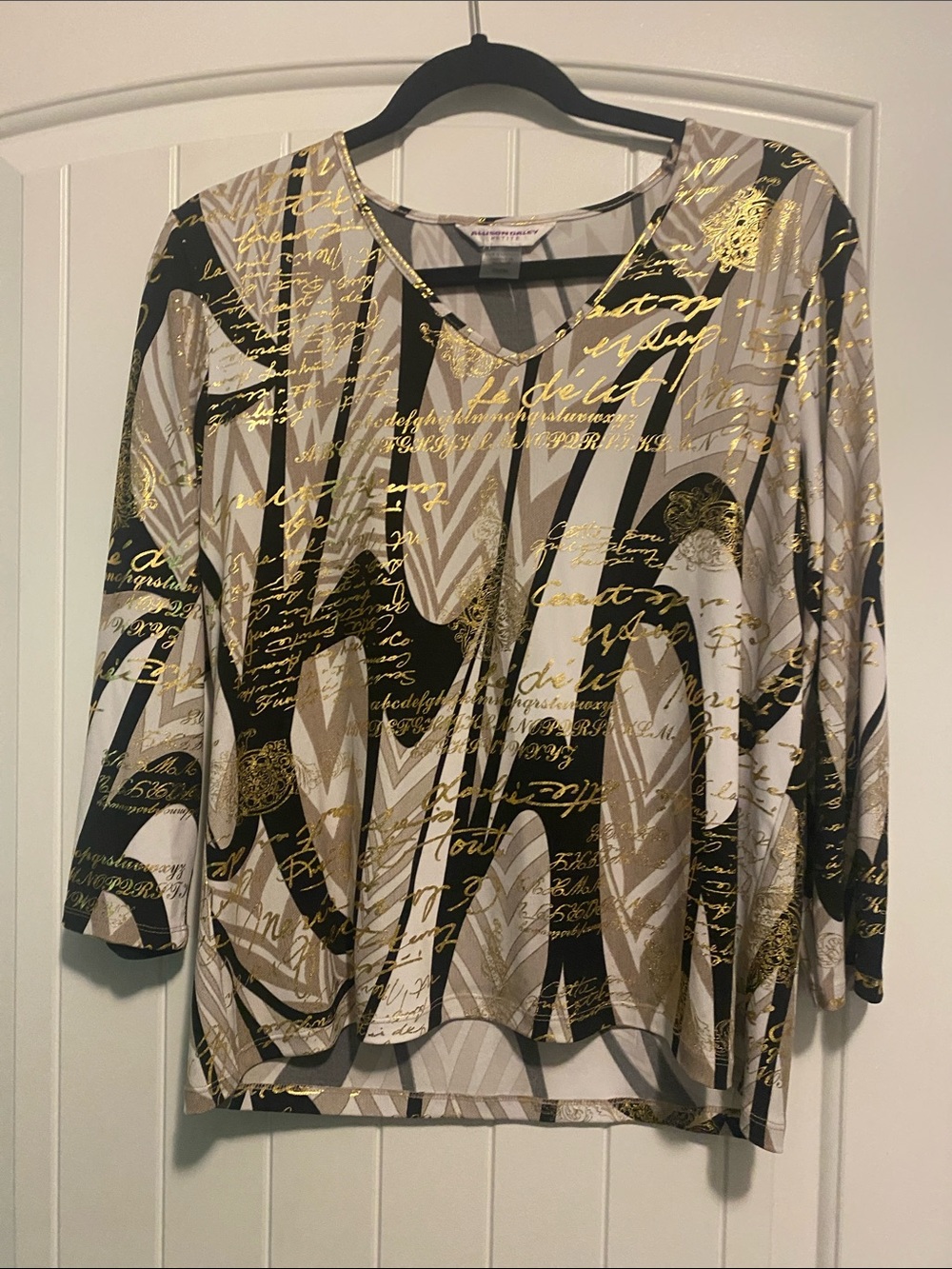 Allison Daley Black, Beige & Gold Script Print Long-Sleeve Top